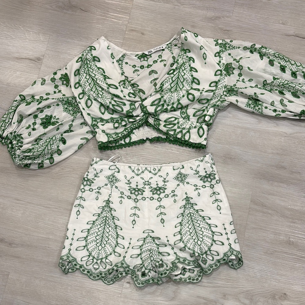 Green and White Embroidered Two-Piece Set